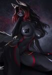  anthro big_breasts black_hair breasts canid canine clothed clothing female fox fur grey_body grey_fur hair hi_res highlights_(coloring) inner_ear_fluff kneeling mammal mostly_nude panties panties_only pasties red_eyes red_hair snegireva solo topless tuft underwear underwear_only 
