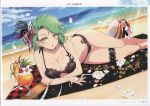  1girl absurdres bare_shoulders beach breasts day highres large_breasts looking_at_viewer ocean official_art open_mouth outdoors page_number scan senran_kagura senran_kagura_new_link shiny_skin short_hair simple_background solo thighs water yaegashi_nan 