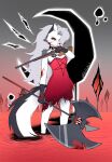  2022 anthro axe blood bodily_fluids canid canid_demon clothing collar demon dress female fluffy fluffy_tail fur gun hair hellhound helluva_boss hi_res loona_(helluva_boss) mammal multicolored_body multicolored_fur pokithekat pupils ranged_weapon red_clothing red_dress red_sclera shotgun slit_pupils solo spiked_collar spikes tail two_tone_body two_tone_fur weapon white_body white_eyes white_fur white_hair 