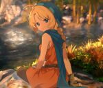  1girl ahonoko bare_shoulders blonde_hair blue_eyes blue_headwear blue_scarf blurry blurry_background braid brown_gloves closed_mouth dress fingerless_gloves fire_emblem fire_emblem:_genealogy_of_the_holy_war gloves hat looking_at_viewer looking_back orange_dress outdoors pantyhose patty_(fire_emblem) scarf sitting sleeveless sleeveless_dress smile solo 