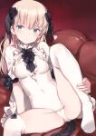  1girl ass_visible_through_thighs black_hair blonde_hair blue_eyes blush breasts commentary couch covered_navel dot_nose frilled_shrug hair_ornament holding_leg knee_up light_smile looking_at_viewer medium_breasts multicolored_hair on_couch one-piece_swimsuit original red_background shimada_fumikane shrug_(clothing) simple_background sitting sitting_on_object skin_tight soles solo split_mouth spread_legs streaked_hair swimsuit thick_thighs thighhighs thighs two-tone_hair white_one-piece_swimsuit white_shrug white_thighhighs 