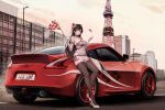  1girl :d absurdres azur_lane black_hair breasts building car car_keys character_name checkered_flag city cityscape cleavage commentary_request copyright_name covered_navel elbow_gloves exhaust flag full_body gloves grey_thighhighs hands_up high_heels highres holding holding_flag horns kcar66t large_breasts license_plate long_hair looking_at_viewer motor_vehicle nissan nissan_370z oni_horns open_mouth outdoors panasonic_corporation race_queen red_eyes sakawa_(azur_lane) shadow skyscraper smile solo sports_car thighhighs tokyo_tower tower white_footwear white_gloves 