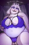  2023 absurd_res anthro back2formula belly big_breasts blue_eyes blush bodily_fluids boss_monster bovid breasts butt_from_the_front camel_toe caprine english_text eyewear female floppy_ears glasses hi_res horn looking_at_viewer mammal mature_anthro mature_female overweight overweight_anthro overweight_female smile sweat text toriel undertale undertale_(series) white_body 