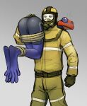  2023 amphibian anthro biped blue_body blue_eyes blush bound carrying_over_shoulder clothing digital_media_(artwork) duo female frog gas_mask gloves grey_background handwear hazmat_suit hi_res human legs_tied male mammal mask orange_body patecko poison_dart_frog simple_background 