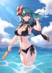  1girl artist_name bikini black_bikini blue_eyes blue_sky breasts byleth_(female)_(fire_emblem) byleth_(female)_(summer)_(fire_emblem) byleth_(fire_emblem) cleavage cloud commentary_request cowboy_shot day fire_emblem fire_emblem:_three_houses fire_emblem_heroes flower food green_hair groin hair_flower hair_ornament hand_up hibiscus holding large_breasts lens_flare looking_at_viewer navel non-circular_lens_flare official_alternate_costume outdoors phrecklesart popsicle sky solo standing swimsuit thighs wading water wet 