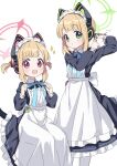  2girls animal_ear_headphones animal_ears apron aqua_ribbon blonde_hair blue_archive blush cat_ear_headphones dot_nose fake_animal_ears frilled_apron frilled_headwear frills green_eyes halo headphones highres holding holding_ribbon long_sleeves looking_at_viewer maid_apron maid_headdress midori_(blue_archive) midori_(maid)_(blue_archive) momoi_(blue_archive) momoi_(maid)_(blue_archive) multiple_girls neck_ribbon open_mouth puffy_long_sleeves puffy_sleeves red_eyes ribbon sidelocks simple_background sitting standing tail tibaridooor tying_hair white_background 