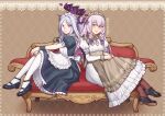  2girls apron black_footwear blue_archive bow braid brown_background commentary_request dress fire_emblem fire_emblem:_three_houses fire_emblem_heroes grey_apron grey_dress hair_bow hina_(blue_archive) hiomaika horns juliet_sleeves loafers long_hair long_sleeves looking_at_viewer lysithea_von_ordelia maid maid_headdress mary_janes multiple_girls official_alternate_costume petticoat pink_eyes puffy_short_sleeves puffy_sleeves purple_bow purple_eyes purple_hair shoes short_sleeves twin_braids white_dress 