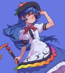  1girl :3 black_headwear blue_hair blush bow food from_below fruit fruit_hat_ornament hand_on_headwear hat highres hinanawi_tenshi leaf long_hair peach peach_hat_ornament puffy_short_sleeves puffy_sleeves rainbow_order red_eyes shirt short_sleeves skirt smile soemy solo sword_of_hisou touhou very_long_hair white_shirt 
