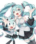  2girls amy_rose arm_tattoo arm_up artist_name bangs blue_eyes blue_hair cosplay detached_sleeves dress hand_on_hip hatsune_miku hatsune_miku_(cosplay) hedgehog hedgehog_ears hedgehog_girl hedgehog_tail highres kiioki11 long_hair looking_at_viewer multiple_girls necktie open_mouth shirt short_hair simple_background sleeveless sleeveless_shirt sonic_(series) tattoo twintails upper_body very_long_hair vocaloid 