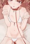  1girl :p bikini blush breasts brown_eyes brown_hair collar heart heart-shaped_pupils highres leash looking_at_viewer navel on_bed original paw_pose red_collar small_breasts solo swimsuit symbol-shaped_pupils tongue tongue_out twintails usurai_rairai wavy_hair white_bikini 