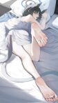  1girl animal_ears bare_legs bare_shoulders bed black_hair blanket blue_archive cat_ears cat_girl cat_tail feet feet_up green_eyes highres kikyou_(blue_archive) looking_at_viewer looking_back no_bra no_panties pero_(peroneko0510) pillow short_hair soles tail toes 