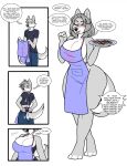  anthro apron apron_only big_breasts blush breast_growth breasts canid canine canis clothed clothing colored comic cookie dialogue english_text female food fur gender_transformation grey_body grey_fur grey_hair growth hair hair_growth happy hi_res hostile-elf long_hair male mammal mind_alteration mtf_transformation open_mouth personality_change solo speech_bubble surprised_expression tail text thick_thighs transformation wolf 