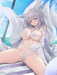  1girl animal_ear_fluff animal_ears azur_lane bikini blue_eyes blue_sky breasts cloud day detached_sleeves female_masturbation fox_ears fox_tail grey_hair habu_rin hand_on_own_chest highres large_breasts long_hair masturbation mole mole_under_eye multiple_tails ocean official_alternate_costume outdoors shinano_(azur_lane) shinano_(dreamy_white_sands)_(azur_lane) sky solo sweat swimsuit tail white_bikini white_sleeves 