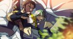  1boy 1girl ascot black_gloves blurry blurry_foreground brown_hair byleth_(female)_(fire_emblem) byleth_(fire_emblem) chinstrap_beard claude_von_riegan eating facial_hair fire_emblem fire_emblem:_three_houses gloves green_eyes green_hair grey_gloves hair_between_eyes highres holding holding_map map medium_hair mi_cha_iru short_hair sitting sketch smile tan white_ascot 