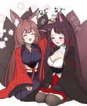  2girls akagi_(azur_lane) amagi_(azur_lane) animal_ear_fluff animal_ears azur_lane black_thighhighs blush brown_hair closed_eyes flying_sweatdrops fox_ears fox_girl fox_tail headpat highres hikimayu japanese_clothes kimono kitsune kyuubi long_hair multiple_girls multiple_tails open_mouth purple_kimono red_eyeliner red_skirt simple_background skirt smile sweatdrop tail thighhighs twitter_username wanigairu4 white_background 