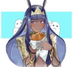  &lt;o&gt;_&lt;o&gt; 1girl ? absurdres animal_ears blue_background blunt_bangs border burger closed_eyes closed_mouth commentary dark-skinned_female dark_skin earrings egyptian_clothes english_commentary facial_mark fate/grand_order fate_(series) food food_on_face gold_bracelet gold_earrings hairband hands_up highres holding holding_food hoop_earrings jackal_ears jewelry light_blush long_hair looking_at_viewer looking_to_the_side medjed_(fate) nitocris_(fate) outside_border purple_eyes purple_hair sidelocks solo_focus swimnemo upper_body usekh_collar white_border yellow_hairband 
