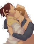  1boy 1girl blue_shirt breasts brown_hair closed_eyes collared_shirt commentary hand_on_another&#039;s_head hange_zoe hanpetos hetero highres hug kiss kissing_neck moblit_berner no_eyewear open_mouth ponytail shingeki_no_kyojin shirt small_breasts smile yellow_shirt 