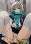  1girl absurdres animal_ears black_skirt blue_archive blue_eyes blue_necktie blue_scarf censored disuto grey_hair hair_ornament hairclip halo highres looking_at_viewer medium_hair necktie panties panties_around_one_leg pubic_hair pussy scarf shiroko_(blue_archive) shirt skirt socks solo spread_pussy thighhighs thighs underwear white_panties white_shirt white_socks 