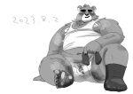  2023 anthro bear belly big_belly blush clothing devour1129 feet genitals hi_res kemono male mammal moobs musk navel nipples overweight overweight_male penis shirt sitting solo topwear underwear 
