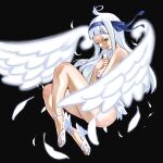  ahoge airborne angel_(fairy_tail) ass black_background blue_ribbon blunt_bangs breasts detached_wings fairy_tail feathers hair_ribbon half-closed_eyes hand_on_own_chest high_heels highres lipstick long_hair makeup mashima_hiro medium_breasts official_art parted_lips ribbon sandals white_feathers white_footwear white_hair white_wings wings 