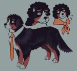  animal animal_focus black_eyes closed_mouth clothed_animal clownplushie commentary dog english_commentary full_body grey_background highres looking_at_viewer mob_psycho_100 multiple_views necktie no_humans orange_necktie serizawa_katsuya simple_background standing sweatdrop 
