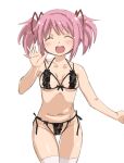  1girl ^_^ black_bra black_panties blush bra breasts closed_eyes hair_ribbon highres kaname_madoka lingerie mahou_shoujo_madoka_magica medium_breasts navel oekaki open_mouth panties pink_hair ribbon short_hair short_twintails side-tie_panties simple_background small_breasts smile solo thigh_gap thighhighs twintails underwear underwear_only waving white_background white_thighhighs you2 