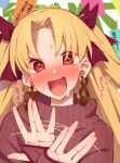  1girl blonde_hair blush bow breasts brown_sweater earrings embarrassed ereshkigal_(fate) fate/grand_order fate_(series) full-face_blush hair_bow highres hoop_earrings jewelry long_hair long_sleeves looking_at_viewer medium_breasts mitsurugi_sugar open_mouth parted_bangs red_eyes ribbed_sweater smile sweater tanabata tanzaku translation_request turtleneck turtleneck_sweater two_side_up 