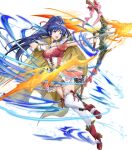  1girl ankle_boots armor arrow_(projectile) blue_eyes blue_hair boots bow_(weapon) bracelet braid breasts cape cleavage collar collarbone corset faulds fingerless_gloves fire_emblem fire_emblem:_the_sacred_stones fire_emblem_heroes frills full_body gloves high_heel_boots high_heels high_ponytail highres holding holding_bow_(weapon) holding_weapon jewelry leg_up long_hair looking_away medium_breasts mikurou_(nayuta) non-web_source official_art open_mouth ponytail puffy_short_sleeves puffy_sleeves quiver short_sleeves shoulder_armor sidelocks skirt smile solo tana_(fire_emblem) thighhighs transparent_background weapon zettai_ryouiki 