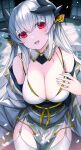  1girl :d bare_shoulders bikini blush breasts cleavage commentary_request dragon_girl dragon_horns fate/grand_order fate_(series) hair_ornament highres horns kiyohime_(fate) large_breasts long_hair long_sleeves looking_at_viewer morizono_shiki off_shoulder red_eyes smile solo swimsuit thighhighs white_bikini white_hair white_thighhighs wide_sleeves 