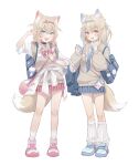  2girls :d absurdres animal_ears bag blonde_hair blue_hair blue_jacket blue_nails blue_necktie blue_skirt brown_sweater cellphone dog_ears dog_girl dog_tail double-parted_bangs fang full_body fuwawa_abyssgard hair_between_eyes hair_ornament hairclip head_wings headband highres holding holding_wallet hololive hololive_english jacket long_hair looking_at_viewer midori_xu mococo_abyssgard multicolored_hair multiple_girls necktie paw_print perroccino_(fuwamoco) phone pleated_skirt red_eyes school_bag school_uniform shoes short_twintails shoulder_bag sidelocks skirt smartphone smile sneakers socks spiked_headband standing sweater tail tie_clip twintails two-tone_hair v wallet white_background white_socks wings 