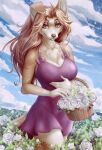  anthro basket bird_dog canid canine canis charlie_troy clothing container domestic_dog dress ear_piercing female field flower hair hunting_dog long_hair mammal meadow p-v-s piercing plant retriever solo 