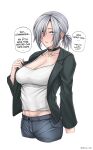  1girl absurdres aqua_eyes artist_name black_choker blazer blush breasts casual choker cleavage collarbone cropped_legs denim english_text girls&#039;_frontline green_jacket grey_hair highres jacket jeans long_hair looking_at_viewer matsu_arts medium_breasts mg5_(girls&#039;_frontline) open_clothes open_jacket pants shirt short_hair solo speech_bubble standing twitter_username upper_body white_shirt 