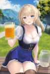  1girl alcohol beer beer_mug blue_eyes braid breasts cleavage cup dress hair_bun highres holding holding_cup kantai_collection kotou_yogen large_breasts light_brown_hair long_hair looking_at_viewer mug oktoberfest open_mouth ranger_(kancolle) side_braids smile solo 