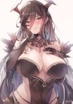  1girl azur_lane bare_shoulders black_gloves black_hair blush breasts brooch brown_eyes cleavage closed_mouth commentary_request covered_navel elbow_gloves friedrich_der_grosse_(azur_lane) gloves hair_between_eyes horns jewelry large_breasts looking_at_viewer sea_nami signature simple_background smile solo upper_body 