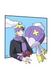  1boy 99akt1031 black_sweater blonde_hair border closed_mouth cloud drifblim headband highres long_sleeves male_focus morty_(pokemon) pokemon pokemon_(creature) pokemon_(game) pokemon_hgss purple_eyes purple_headband purple_scarf scarf short_hair sky smile sweater white_border 