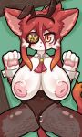  anthro areola big_areola big_breasts blush breasts bunny_costume cat_busters clothing costume domestic_cat eye_patch eyewear fake_ears fake_rabbit_ears felid feline felis genitals hair hinozuki huge_areola inverted_nipples kemono legwear looking_at_viewer lying mammal matz_(pixiv) multicolored_body nipples on_back pantyhose pussy red_body red_hair solo sticker two_tone_body white_body yellow_eyes 
