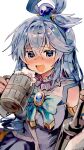  1girl absurdres alcohol aqua_(konosuba) beer blue_dress blue_eyes blue_hair blue_shirt blue_skirt blush blush_visible_through_hair bottle bow cup dress drunk full-face_blush green_bow hair_ornament happy highres holding holding_bottle kono_subarashii_sekai_ni_shukufuku_wo! long_hair looking_at_viewer nose_blush open_smile pekeheihou shirt simple_background single_hair_ring skirt smile wine_bottle 