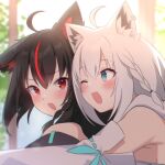  2girls ;d ahoge animal_ear_fluff animal_ears bare_shoulders black_hair blue_eyes blush braid commentary_request day detached_sleeves dual_persona earrings fang fox_ears fox_girl gomrang grey_hair hair_between_eyes highres hololive hug hug_from_behind jewelry kurokami_fubuki long_hair looking_at_another multicolored_hair multiple_girls one_eye_closed red_eyes red_hair shirakami_fubuki side_braid sidelocks single_braid smile streaked_hair sunlight upper_body virtual_youtuber 