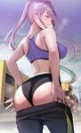  1girl absurdres ass bare_shoulders black_panties black_pants blue_sports_bra blush breasts building clothes_pull from_behind gentsuki grey_hair highres large_breasts long_hair median_furrow original outdoors panties pants pants_pull ponytail shorts solo sports_bra underwear yoga_pants 