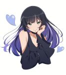  1girl bare_shoulders black_hair black_shirt bocchi_the_rock! breasts chin_piercing cleavage colored_inner_hair eito12 green_eyes heart long_hair long_sleeves looking_at_viewer multicolored_hair pa-san purple_hair shirt sleeves_past_fingers sleeves_past_wrists smile solo 