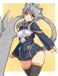  1girl animal_ears ashroa_(cougar1404) black_thighhighs blue_jacket cat_ears cat_girl cat_tail cougar_(cougar1404) cowboy_shot grey_hair jacket long_sleeves looking_at_viewer no_pants open_mouth original short_hair sidelocks skindentation solo standing sword tail thighhighs weapon yellow_background yellow_eyes 