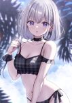  1girl bare_shoulders bikini black_bikini black_choker blurry blurry_background breasts choker cleavage cowboy_shot frilled_bikini frills hand_up highres looking_at_viewer medium_breasts navel open_mouth original purple_eyes sakuraume short_hair side-tie_bikini_bottom solo stomach string_bikini swimsuit white_hair 