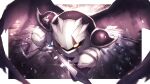  absurdres armor bat_wings border broken_glass dark_meta_knight glass gloves highres holding holding_sword holding_weapon kirby_(series) kirby_and_the_amazing_mirror looking_at_viewer mask no_humans outside_border pauldrons scar shiburingaru shoulder_armor sparkle sword torn_wings weapon wings yellow_eyes 