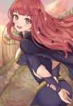 1girl :d absurdres belt bodysuit capelet cleavage_cutout clothing_cutout fire_emblem fire_emblem_engage hair_ornament highres long_hair looking_at_viewer netugen33 open_mouth red_eyes red_hair smile solo star_(symbol) star_hair_ornament teeth upper_teeth_only yunaka_(fire_emblem) 