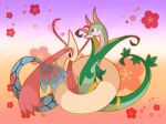  animal_focus commentary_request floral_background gradient_background leaf milotic multicolored_background no_humans pink_background pokemon pokemon_(creature) purple_background red_eyes scales serperior snake species_connection tail towa_(clonea) white_background 