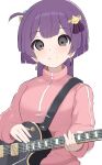 1girl alternate_costume bernadetta_von_varley blush bocchi_the_rock! closed_mouth cosplay cube_hair_ornament earrings electric_guitar fire_emblem fire_emblem:_three_houses gotou_hitori gotou_hitori_(cosplay) grey_eyes guitar hair_ornament highres holding holding_instrument instrument jacket jewelry kocha_(jgug7553) long_sleeves looking_at_viewer medium_hair pink_jacket purple_hair simple_background smile solo track_jacket upper_body white_background 