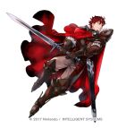  1boy armor belt black_gloves cape closed_mouth diamant_(fire_emblem) fire_emblem fire_emblem_engage fire_emblem_heroes full_body fur_trim furrowed_brow gloves high_collar holding holding_sword holding_weapon long_sleeves looking_to_the_side official_art pants red_cape red_eyes red_hair short_hair shoulder_armor solo standing sword turtleneck watermark weapon white_background 