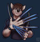  2021 anthro blue_claws blue_eyes brown_hair claws clock clothed clothing digital_media_(artwork) fur hair half-length_portrait hi_res humanoid_hands long_claws longblueclaw male portrait simple_background smile solo teeth watch wristwatch 