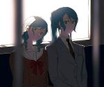  bang_dream! black_necktie blurry bow bowtie braid breasts brown_shirt chromatic_aberration closed_mouth collarbone collared_jacket collared_shirt commentary cosplay costume_switch depth_of_field diagonal-striped_necktie green_eyes grey_jacket hair_between_eyes hair_bow hanasakigawa_school_uniform haneoka_school_uniform head_tilt highres hikawa_hina hikawa_sayo jacket long_hair long_sleeves looking_at_viewer medium_hair necktie ponytail red_bow red_bowtie school_uniform shirt siblings sidelocks sitting small_breasts smile train_interior twin_braids twins white_shirt yellow_bow zihacheol 