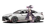  1girl absurdres black_footwear black_headwear black_jacket black_skirt black_socks blue_eyes blush boots braid car clenched_hand collared_shirt commission elaina_(majo_no_tabitabi) english_commentary grey_hair hat highres holding holding_wand hyundai hyundai_elantra hyundai_elantra_n jacket long_hair majo_no_tabitabi motor_vehicle neck_ribbon raffijoe5 ribbon shadow shirt side_braid simple_background skirt smile socks solo vehicle_focus wand white_background white_shirt witch_hat yellow_ribbon 